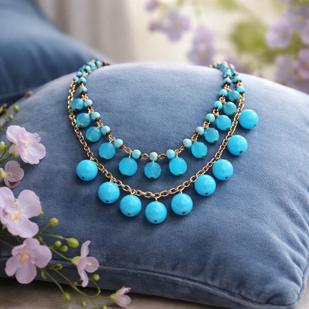 Vintage Double Chain Blue Bead Necklace